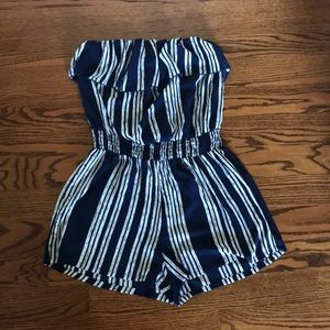 Blue and white strapless romper